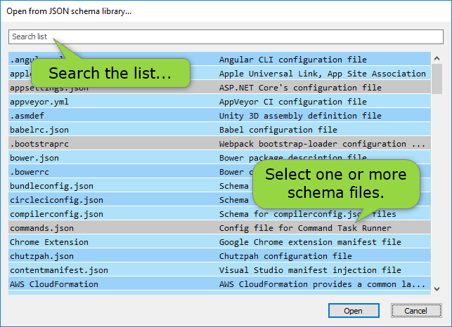 Open JSON Schema from library dialog