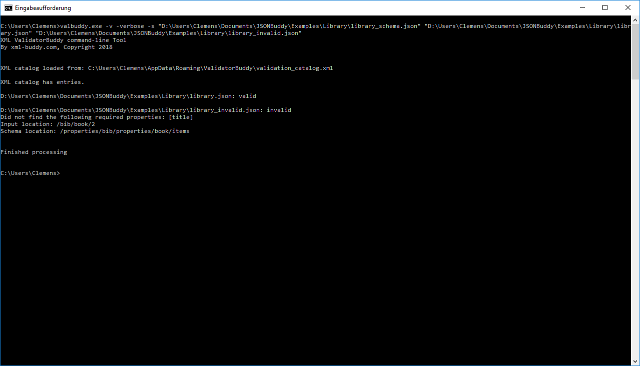 Sample validation output in the console window