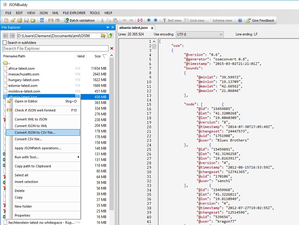 Use the command from the File Explorer context menu to convert big JSON data