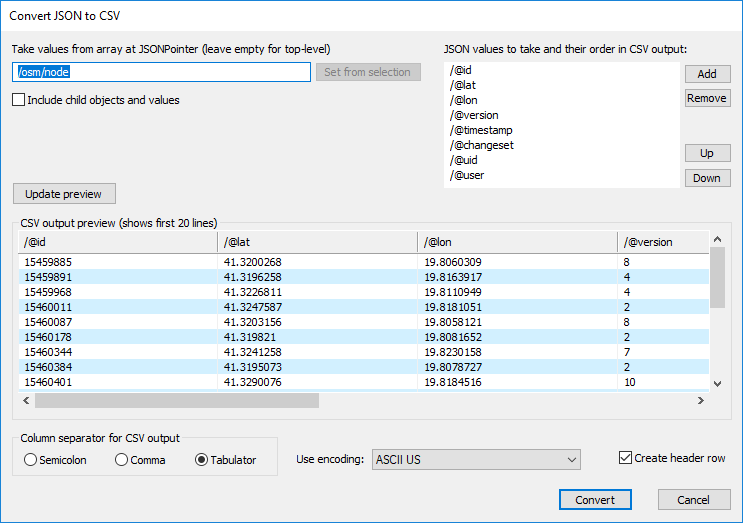 Dialog with preview of CSV output for huge JSON input