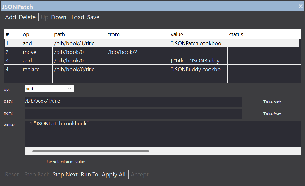 JSONPatch Builder and Debugger pane in JSONBuddy with loaded patch operations
